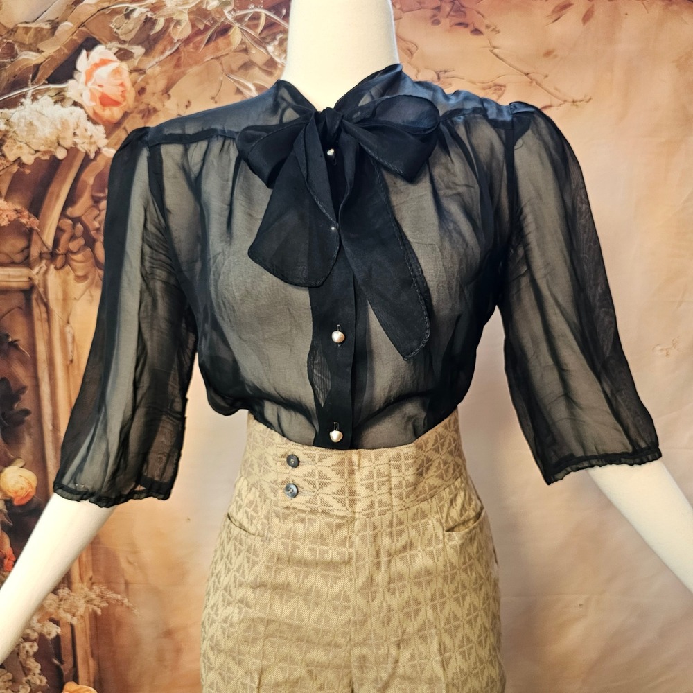Vintage 1960s Blouse Sheer Black Necktie Bow Pearl Button Mod Chiffon Top Shirt